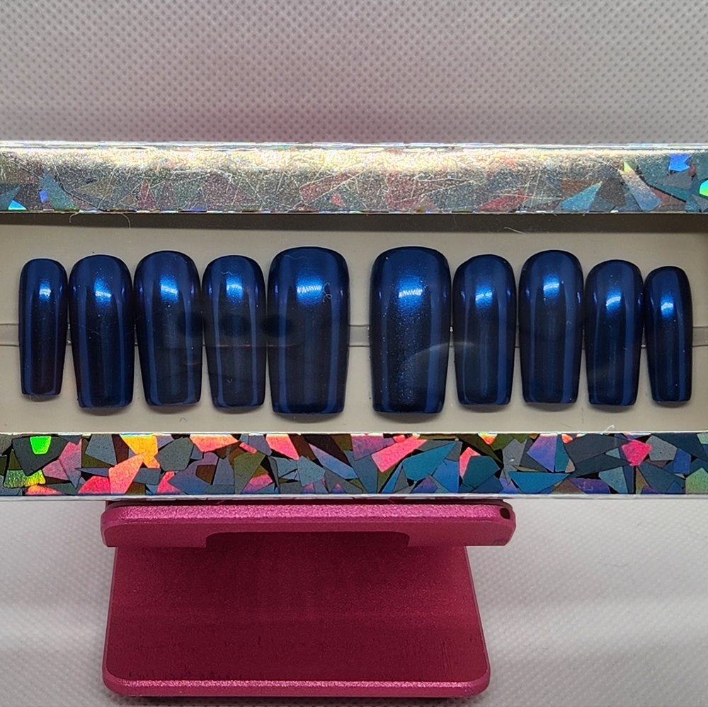Blue Chrome Metallic Press On Nails